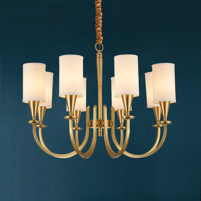 American Rustic Style Copper Chandelier Multi-lights Cylindrical Fabric Shade Hanging Light in Gold