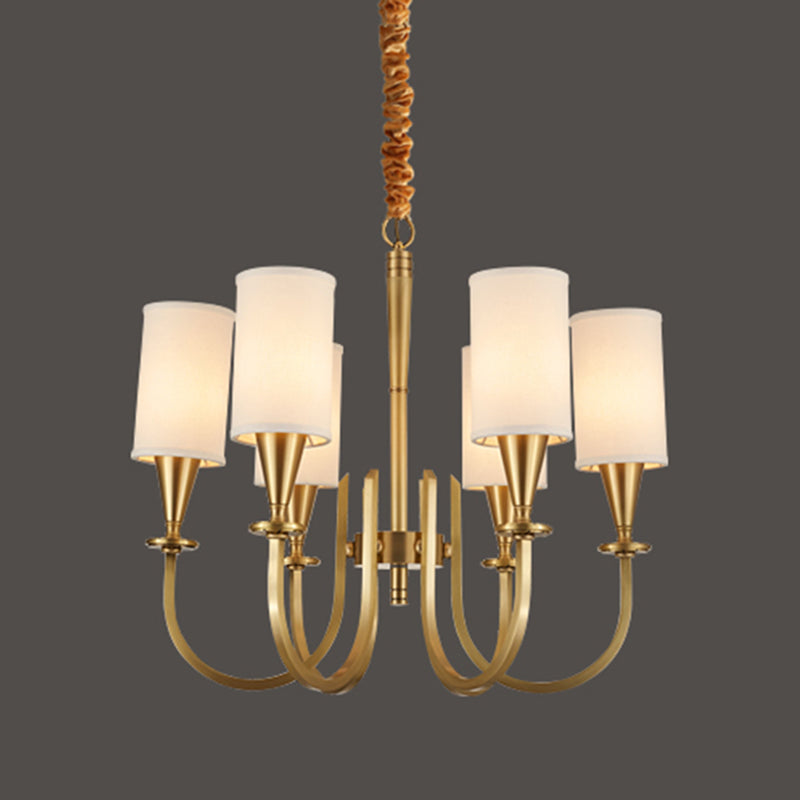 American Rustic Style Copper Chandelier Multi-lights Cylindrical Fabric Shade Hanging Light in Gold