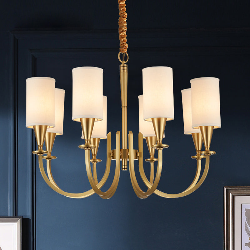 American Rustic Style Copper Chandelier Multi-lights Cylindrical Fabric Shade Hanging Light in Gold