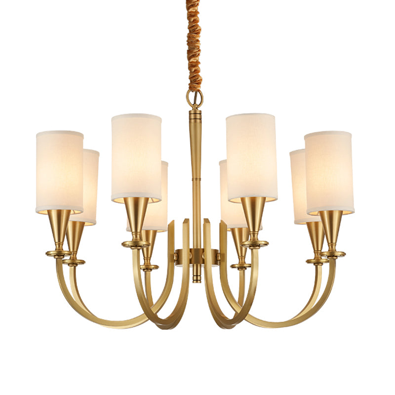 American Rustic Style Copper Chandelier Multi-lights Cylindrical Fabric Shade Hanging Light in Gold