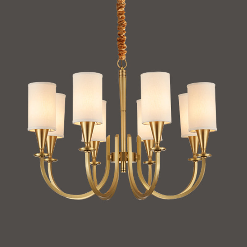 American Rustic Style Copper Chandelier Multi-lights Cylindrical Fabric Shade Hanging Light in Gold