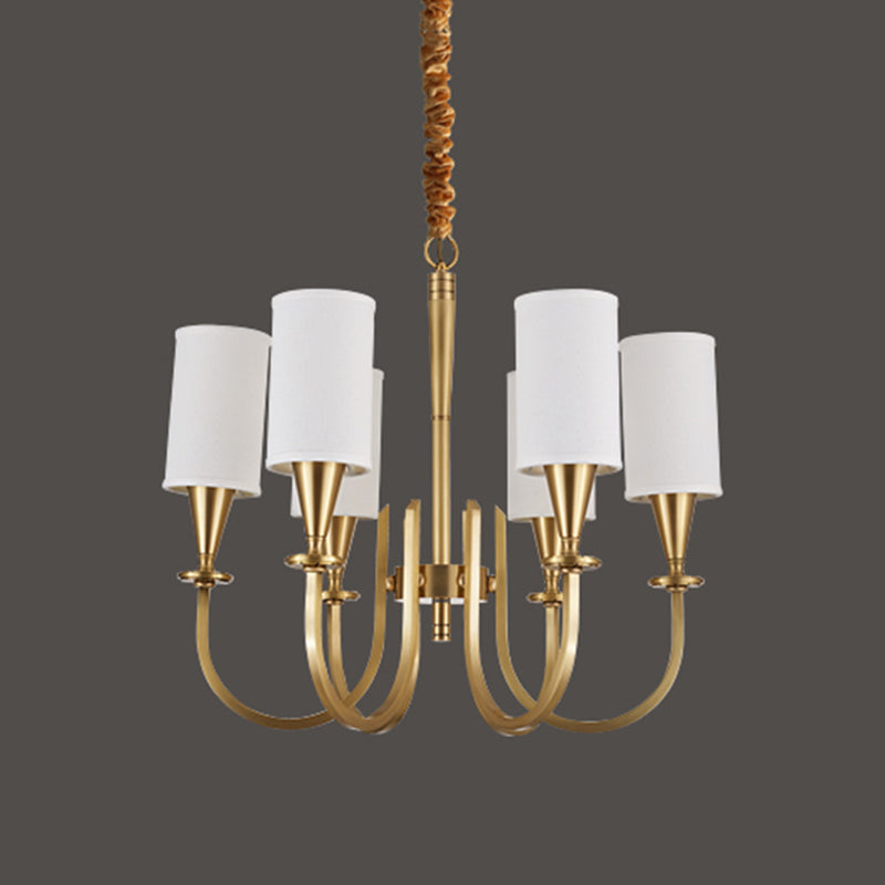 American Rustic Style Copper Chandelier Multi-lights Cylindrical Fabric Shade Hanging Light in Gold