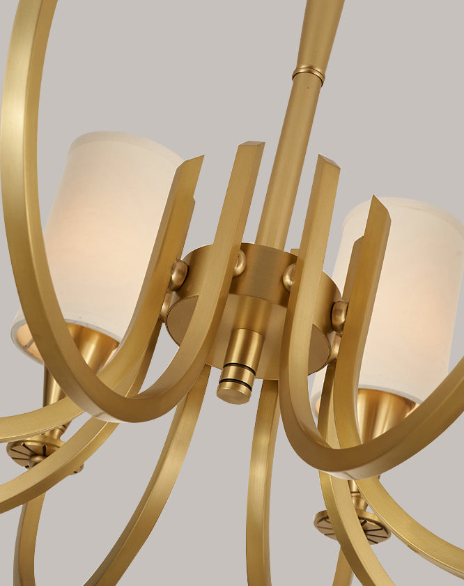 American Rustic Style Copper Chandelier Multi-lights Cylindrical Fabric Shade Hanging Light in Gold