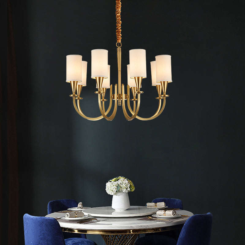 American Rustic Style Copper Chandelier Multi-lights Cylindrical Fabric Shade Hanging Light in Gold