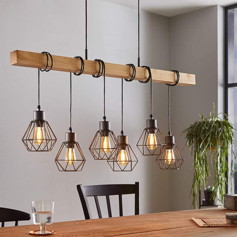 Black Iron Cage Shade Island Light Retro Industrial Style Wooden Hanging Light for Coffee Shop Bar
