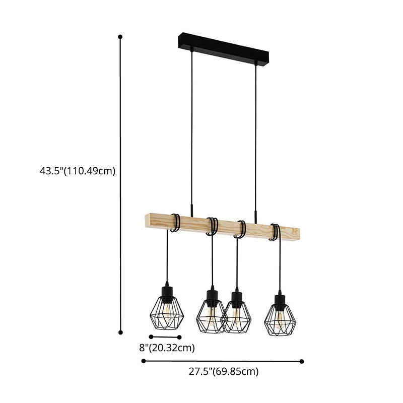 Black Iron Cage Shade Island Light Retro Industrial Style Wooden Hanging Light for Coffee Shop Bar