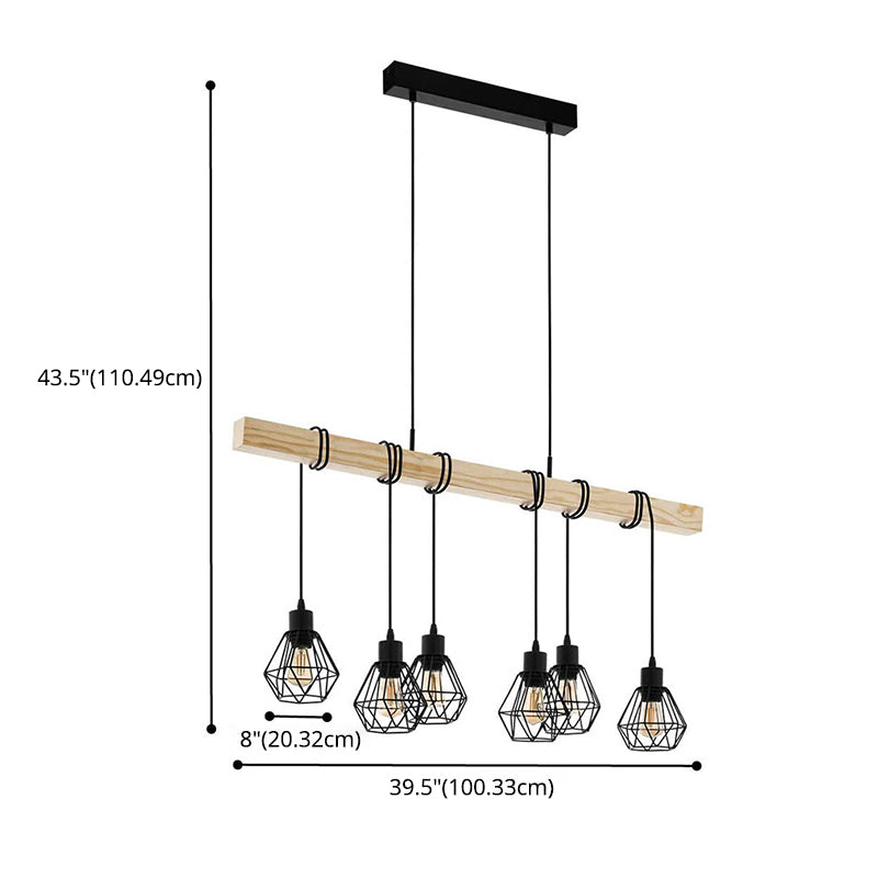 Black Iron Cage Shade Island Light Retro Industrial Style Wooden Hanging Light for Coffee Shop Bar