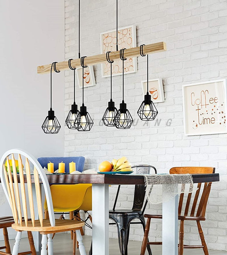 Black Iron Cage Shade Island Light Retro Industrial Style Wooden Hanging Light for Coffee Shop Bar