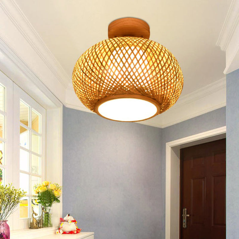 Dome Semi Flush Mount Light 1 Light Rattan Contemporary Flush Ceiling Light Fixtures for Corridor