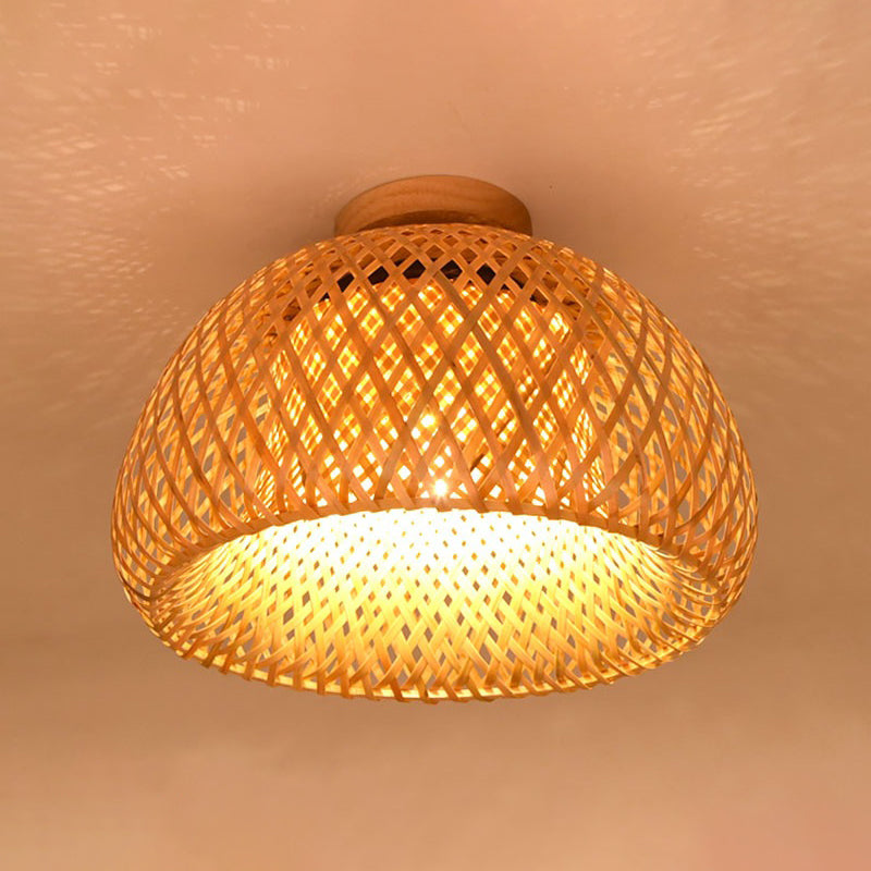 Dome Semi Flush Mount Light 1 Light Rattan Contemporary Flush Ceiling Light Fixtures for Corridor