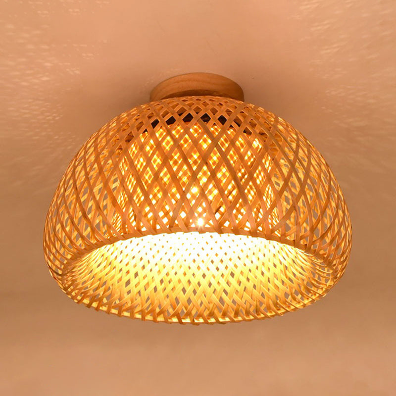 Dome Semi Flush Mount Light 1 Light Rattan Contemporary Flush Ceiling Light Fixtures for Corridor