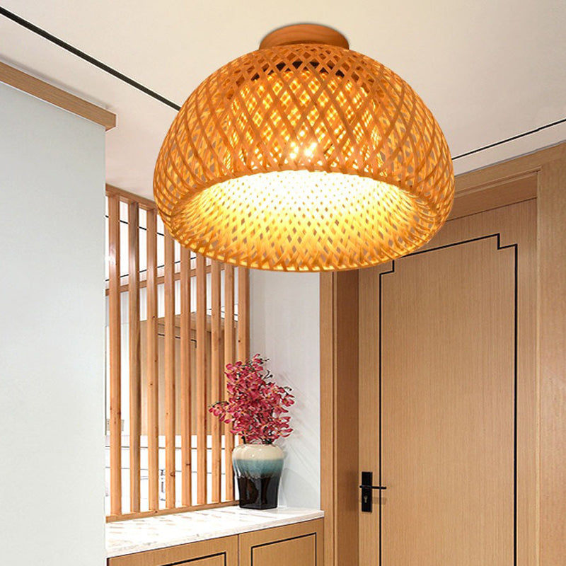 Dome Semi Flush Mount Light 1 Light Rattan Contemporary Flush Ceiling Light Fixtures for Corridor