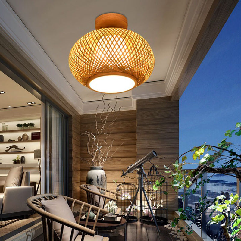 Dome Semi Flush Mount Light 1 Light Rattan Contemporary Flush Ceiling Light Fixtures for Corridor