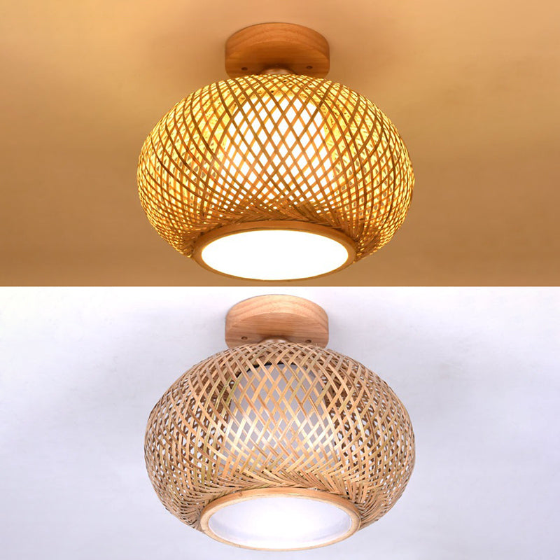 Dome Semi Flush Mount Light 1 Light Rattan Contemporary Flush Ceiling Light Fixtures for Corridor