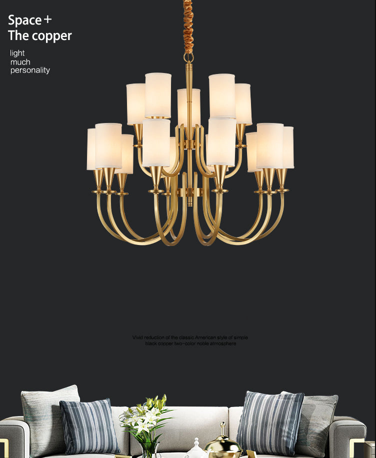 American Rustic Style Copper Chandelier Multi-lights Cylindrical Fabric Shade Hanging Light in Gold