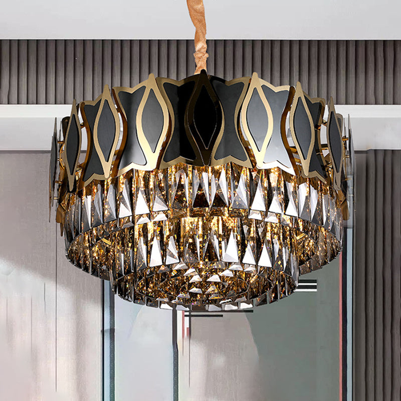 Black Round Chandelier Pendant Light Modernism 9 Lights Rectangle-Cut Crystal Suspension Light