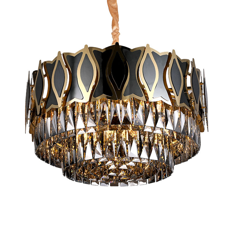 Black Round Chandelier Pendant Light Modernism 9 Lights Rectangle-Cut Crystal Suspension Light