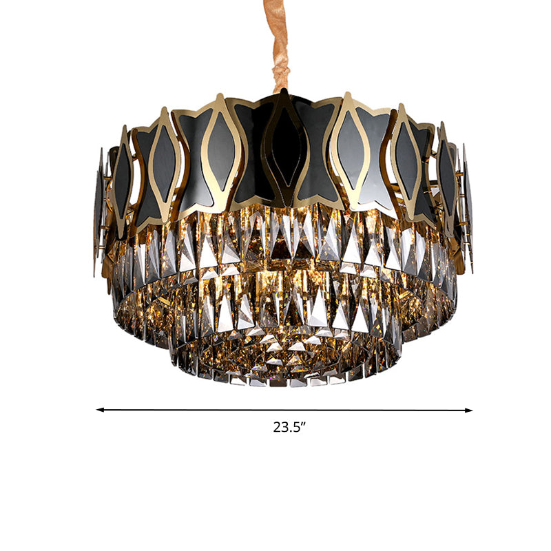 Black Round Chandelier Pendant Light Modernism 9 Lights Rectangle-Cut Crystal Suspension Light