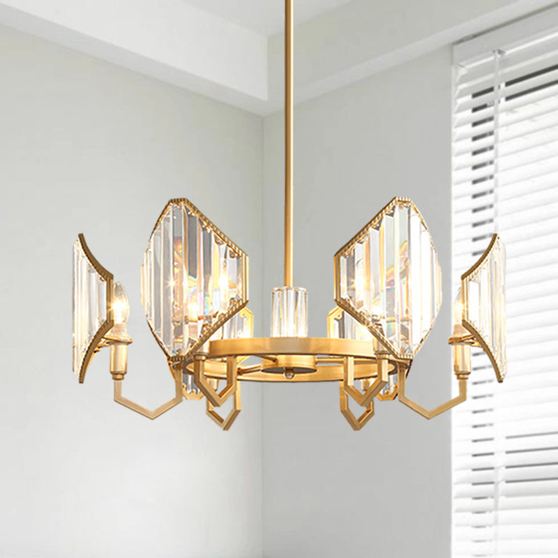Gold Candle Hanging Pendant Light Postmodern 6/8 Lights Rectangle-Cut Crystal Chandelier Light