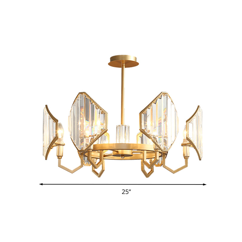 Gold Candle Hanging Pendant Light Postmodern 6/8 Lights Rectangle-Cut Crystal Chandelier Light