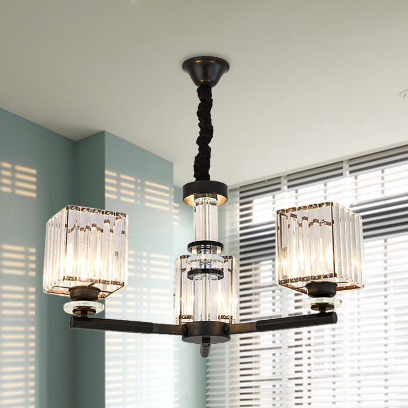 Rectangle-Cut Crystal Sputnik Chandelier Modernism 3/6/8 Lights Black Ceiling Light Fixture