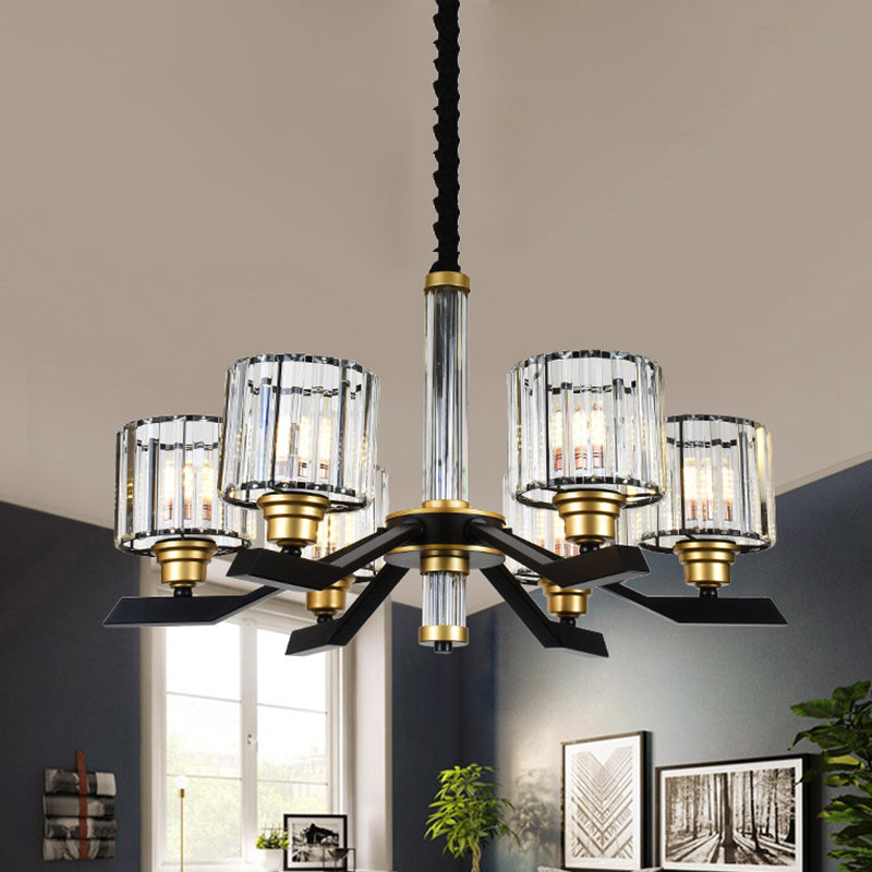 Tri-Sided Crystal Rod Cylinder Pendant Lighting Contemporary 6/8 Heads Black Hanging Chandelier