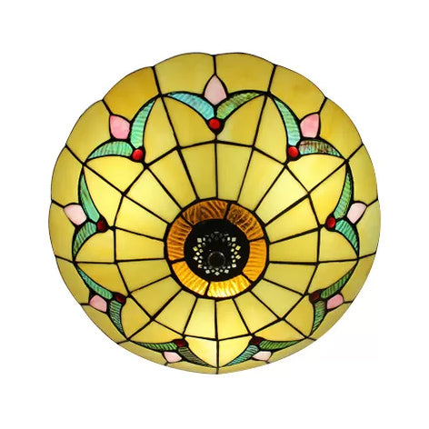 Yellow Ceiling Light, Flushmount Lighting with Art Glass Bowl Shade for Bedroom Tiffany Style