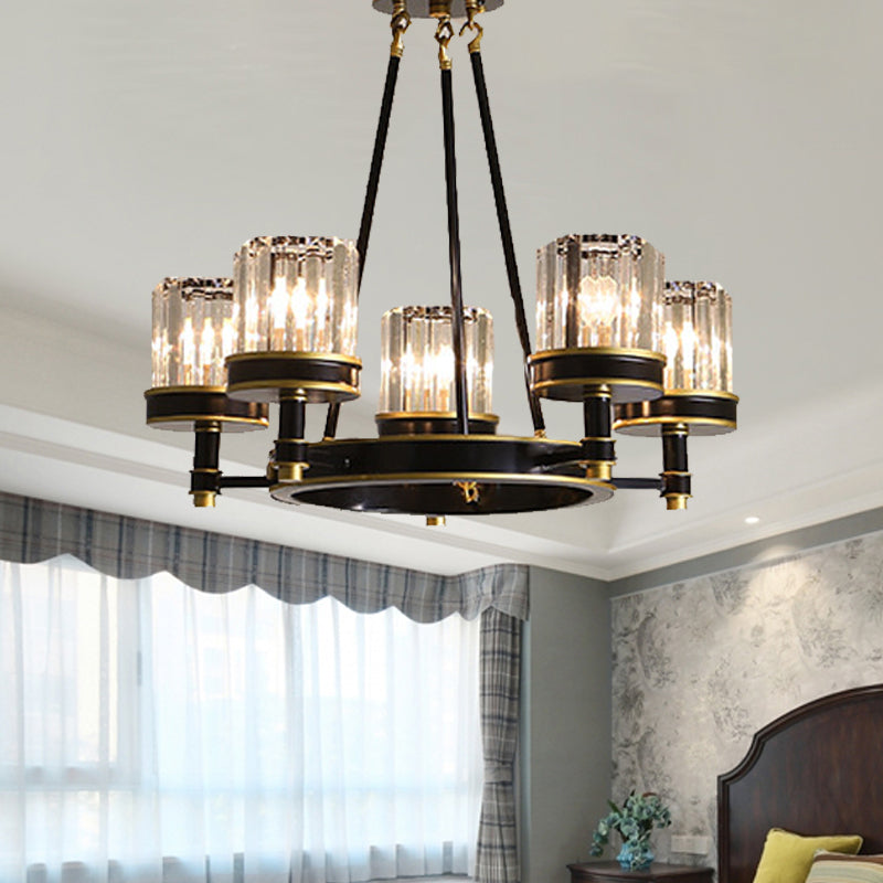 Modernist Cylinder Ceiling Chandelier Clear Crystal 5/6/8 Bulbs Living Room Pendant Lamp in Black