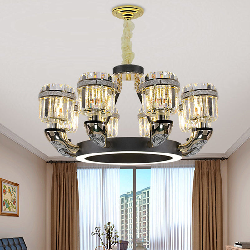 Beveled Crystal Cylinder Chandelier Lighting Traditional 6/8 Lights Black LED Hanging Pendant for Bedroom