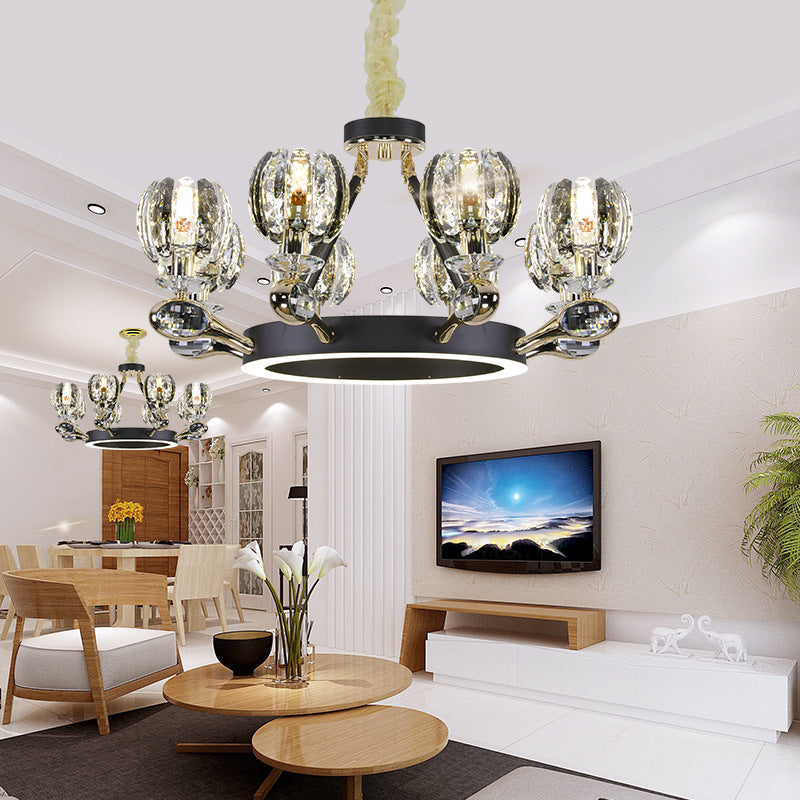 Black Global Chandelier Pendant Light Traditionalism 6/8 Heads LED Crystal Hanging Lamp for Living Room