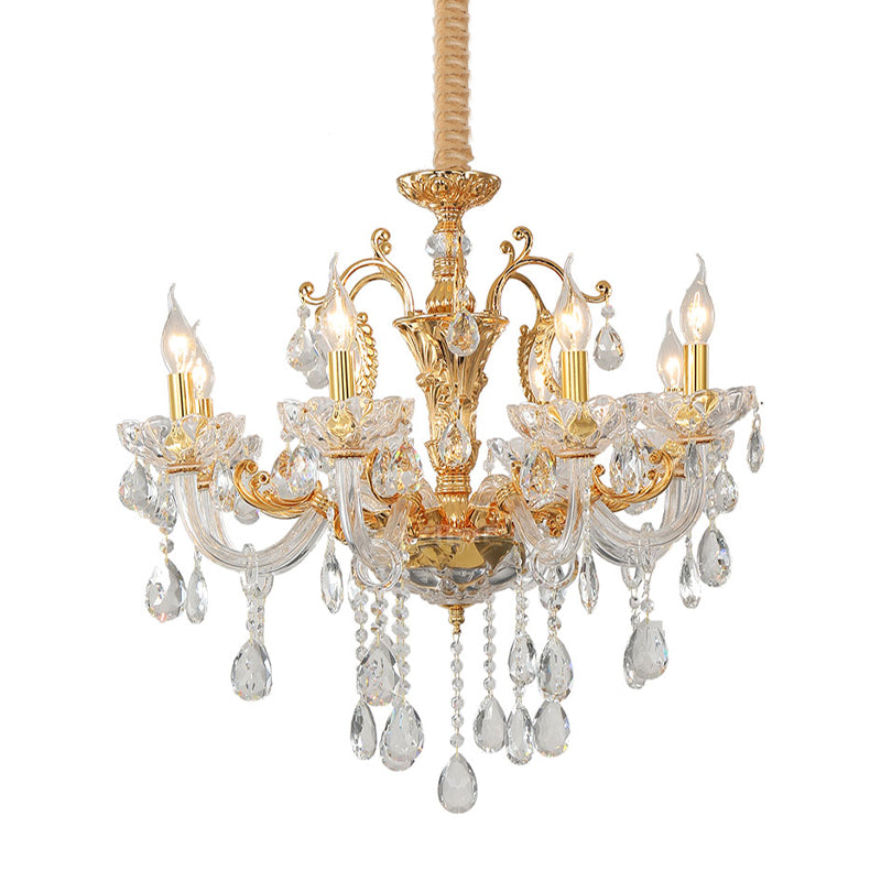 Gold Candelabra Chandelier Light Modernism 8 Heads Metal Pendant Lighting with Dangling Crystal