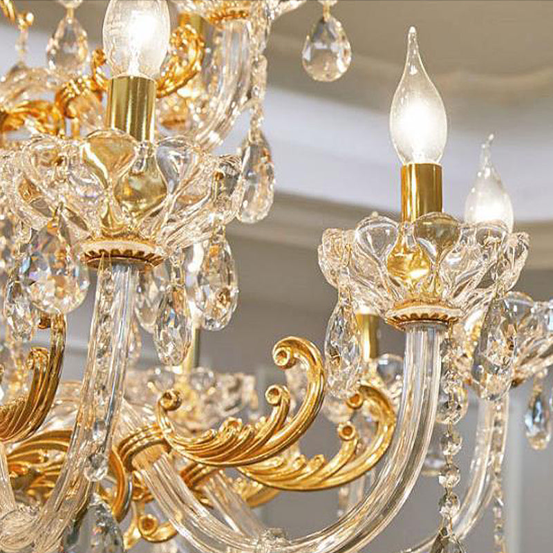 Gold Candelabra Chandelier Light Modernism 8 Heads Metal Pendant Lighting with Dangling Crystal