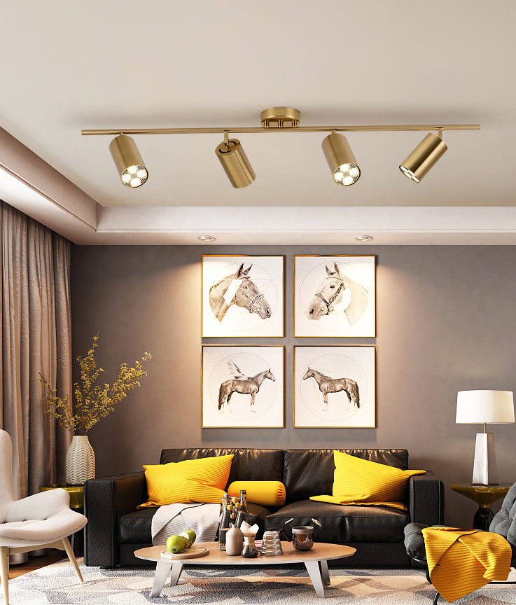 Ideas de iluminación sobre riel nórdico, guardarropa para el hogar, tienda de ropa comercial, fondo, foco dorado montado en superficie de pared