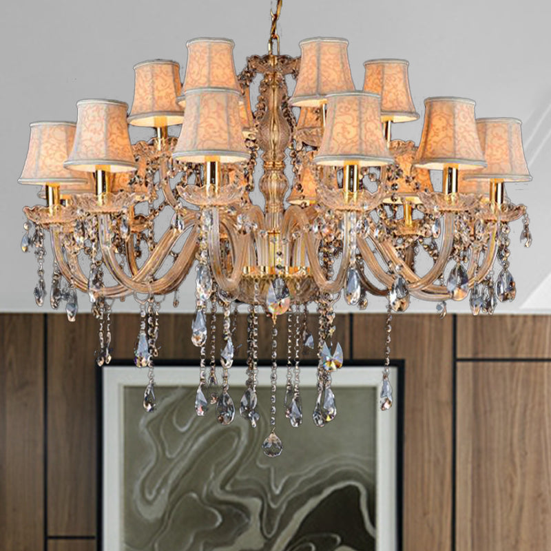 Armed Clear K9 Crystal Pendant Chandelier Rustic 6/8/10 Heads Beige Hanging Ceiling Light with Flared Fabric Shade