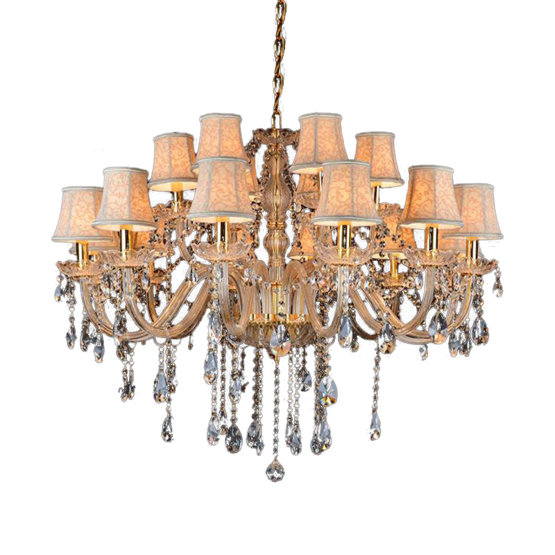 Armed Clear K9 Crystal Pendant Chandelier Rustic 6/8/10 Heads Beige Hanging Ceiling Light with Flared Fabric Shade