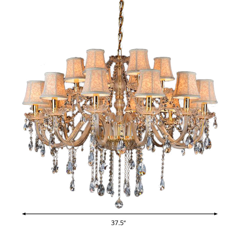 Armed Clear K9 Crystal Pendant Chandelier Rustic 6/8/10 Heads Beige Hanging Ceiling Light with Flared Fabric Shade