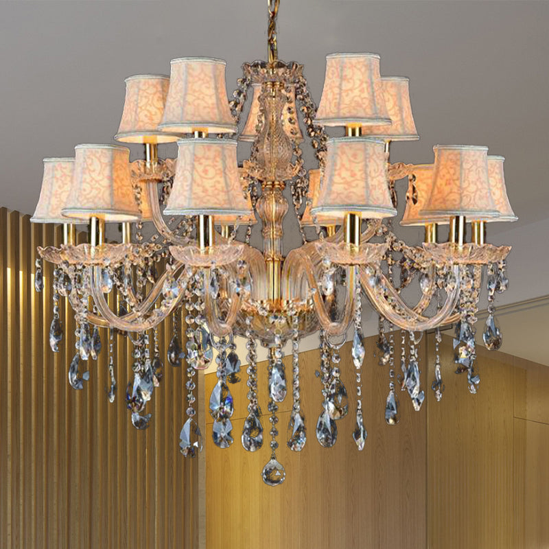 Armed Clear K9 Crystal Pendant Chandelier Rustic 6/8/10 Heads Beige Hanging Ceiling Light with Flared Fabric Shade