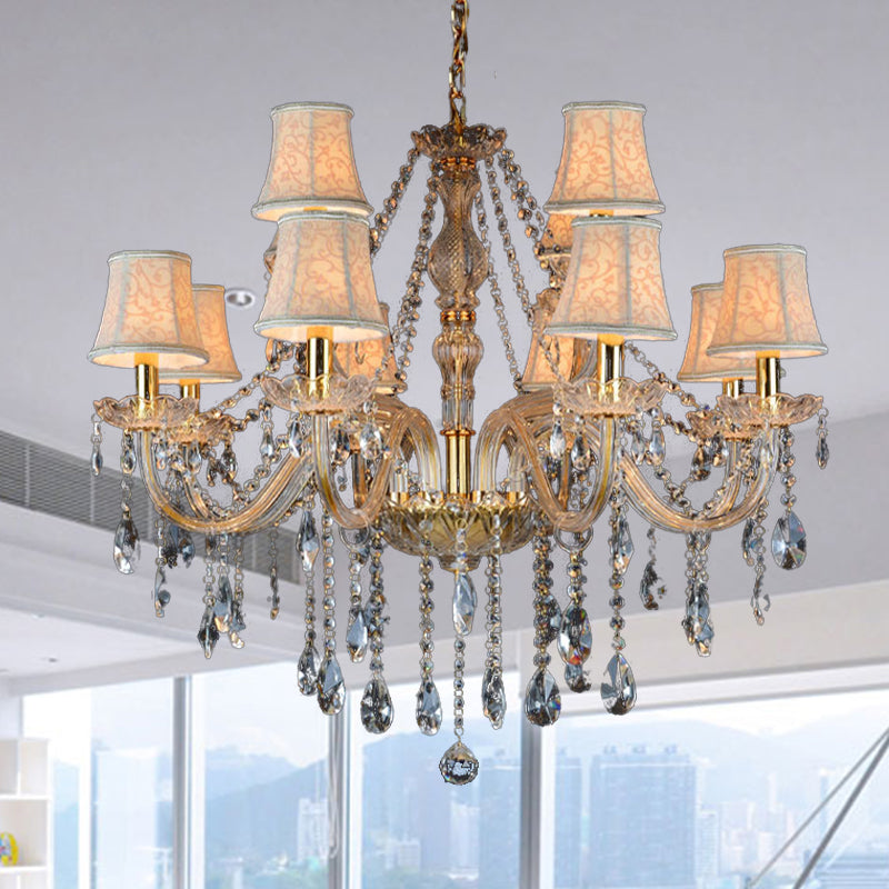 Armed Clear K9 Crystal Pendant Chandelier Rustic 6/8/10 Heads Beige Hanging Ceiling Light with Flared Fabric Shade