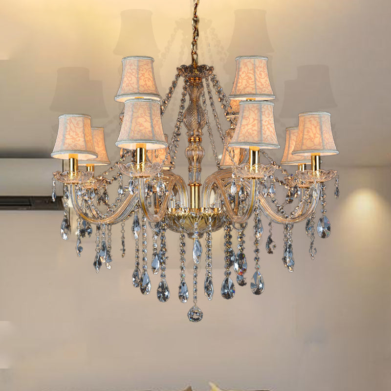 Armed Clear K9 Crystal Pendant Chandelier Rustic 6/8/10 Heads Beige Hanging Ceiling Light with Flared Fabric Shade