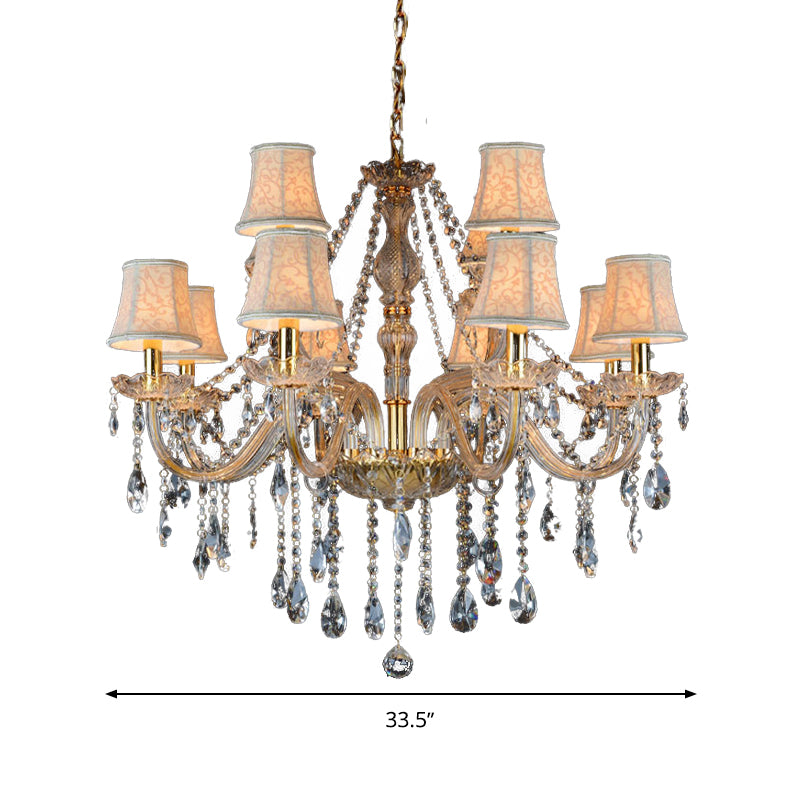 Armed Clear K9 Crystal Pendant Chandelier Rustic 6/8/10 Heads Beige Hanging Ceiling Light with Flared Fabric Shade