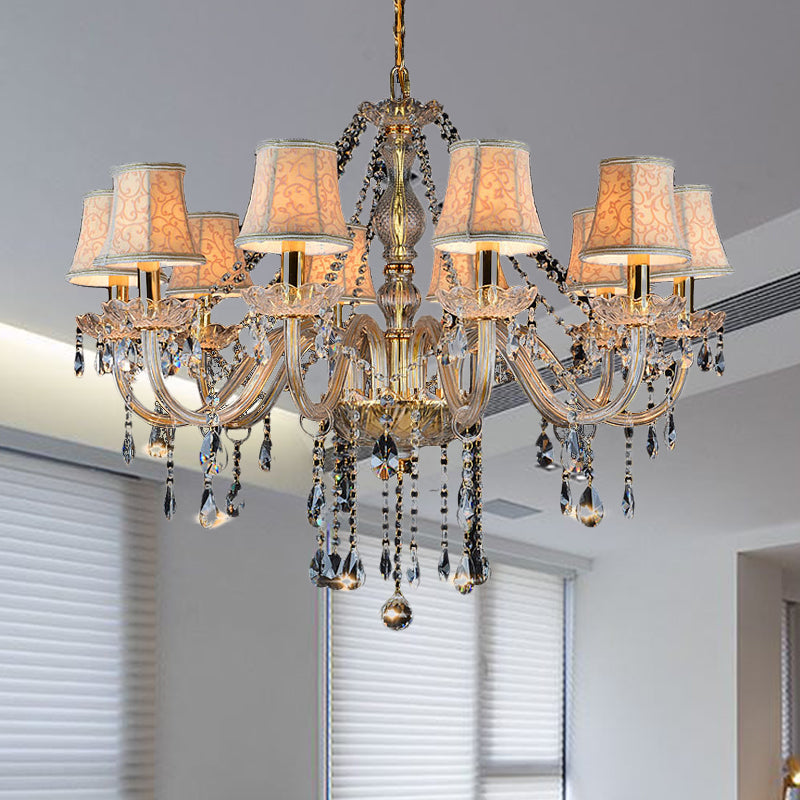Armed Clear K9 Crystal Pendant Chandelier Rustic 6/8/10 Heads Beige Hanging Ceiling Light with Flared Fabric Shade