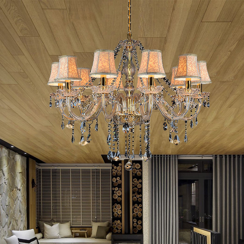 Armed Clear K9 Crystal Pendant Chandelier Rustic 6/8/10 Heads Beige Hanging Ceiling Light with Flared Fabric Shade
