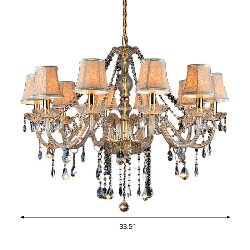 Armed Clear K9 Crystal Pendant Chandelier Rustic 6/8/10 Heads Beige Hanging Ceiling Light with Flared Fabric Shade
