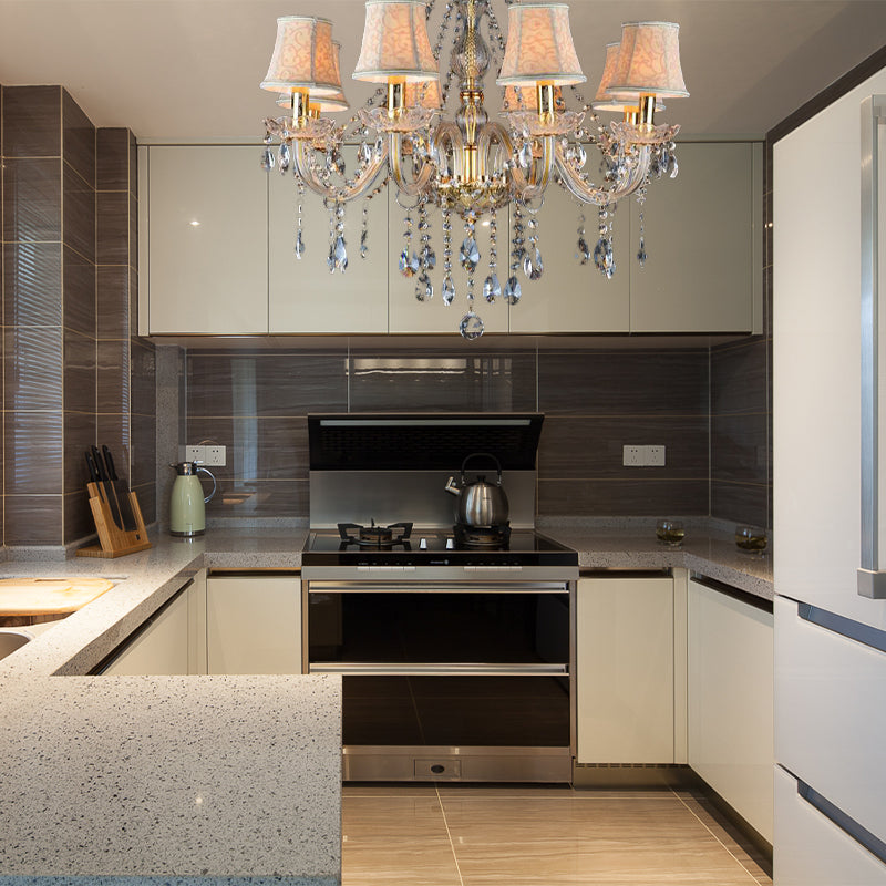 Armed Clear K9 Crystal Pendant Chandelier Rustic 6/8/10 Heads Beige Hanging Ceiling Light with Flared Fabric Shade