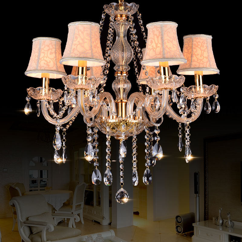 Armed Clear K9 Crystal Pendant Chandelier Rustic 6/8/10 Heads Beige Hanging Ceiling Light with Flared Fabric Shade