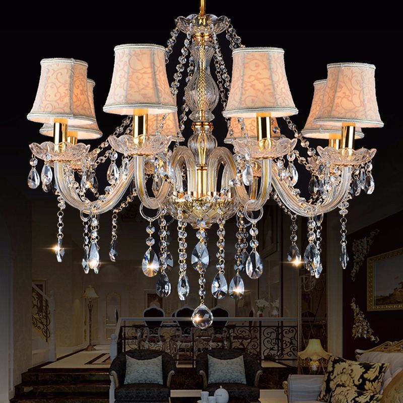 Armed Clear K9 Crystal Pendant Chandelier Rustic 6/8/10 Heads Beige Hanging Ceiling Light with Flared Fabric Shade