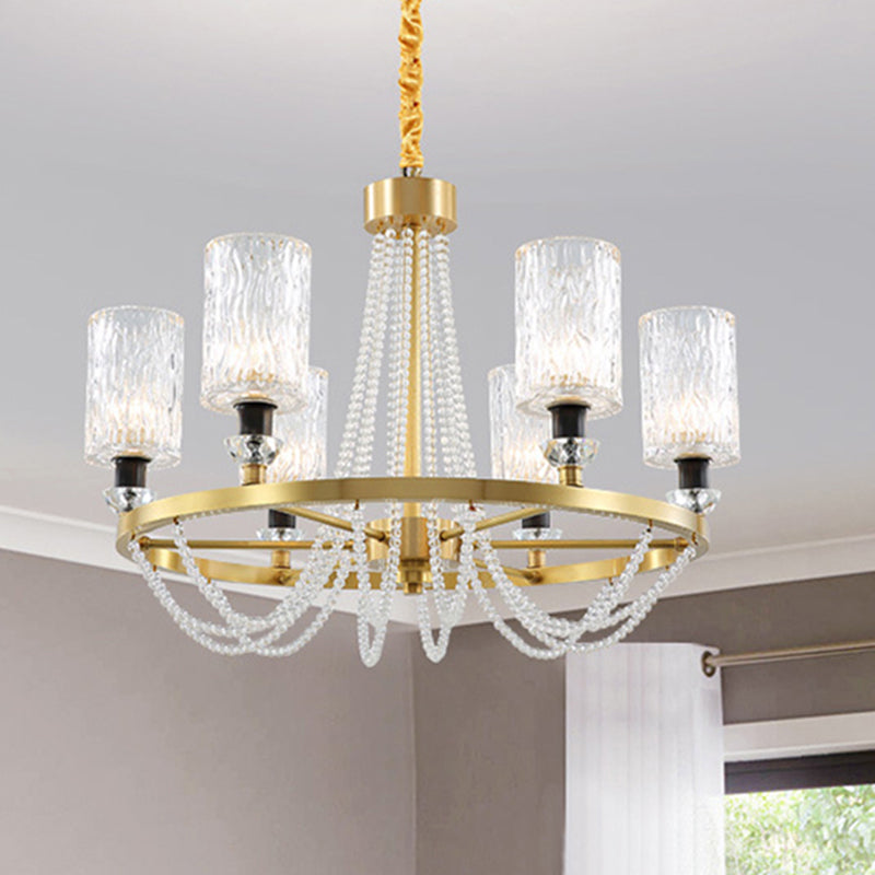 Cylinder Water Glass Pendant Light Simple Style 6 Heads Living Room Chandelier Lighting in Gold