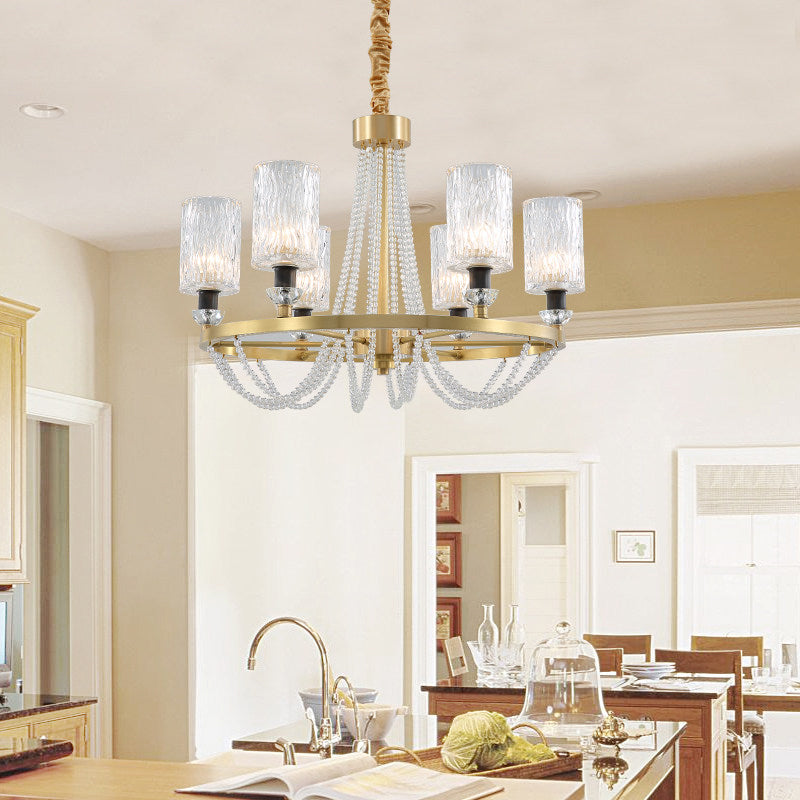 Cylinder Water Glass Pendant Light Simple Style 6 Heads Living Room Chandelier Lighting in Gold