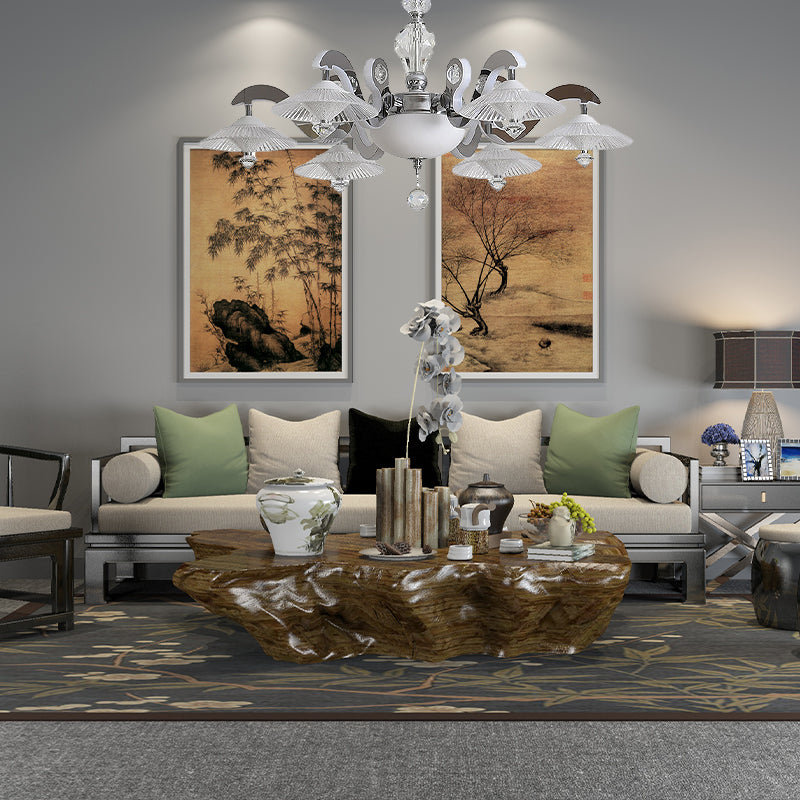 Flared Dining Room Pendant Ceiling Light Simple Ridged Crystal 6 Heads Chrome Hanging Chandelier