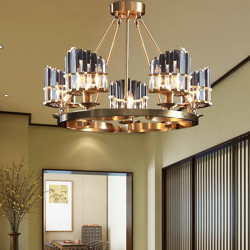 5 Heads Circular Hanging Ceiling Light Modern Gold Tri-Sided Crystal Rod Pendant Chandelier